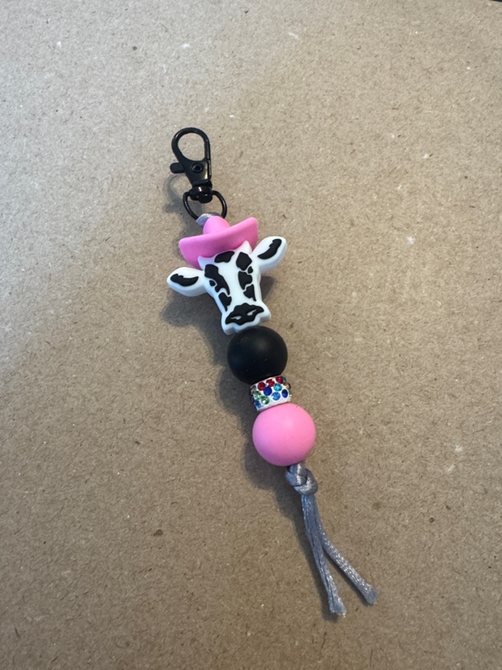 Pink Cow Head Beaded Keychain Charm